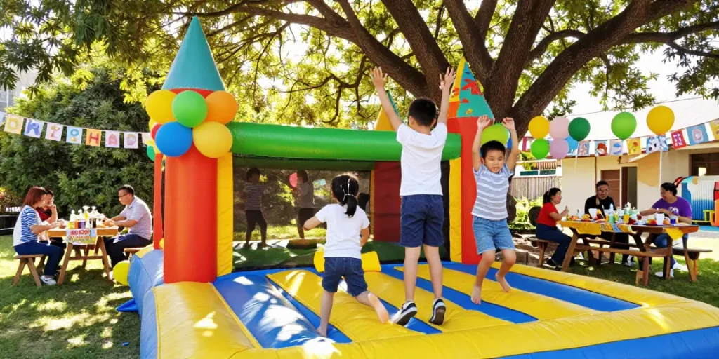 Excited children playing in colorful bounce houses at a lively outdoor birthday party.