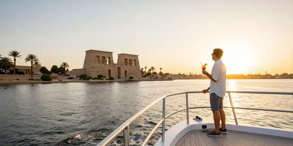 Lake Nasser Cruise at sunset with traveler enjoying serene views.