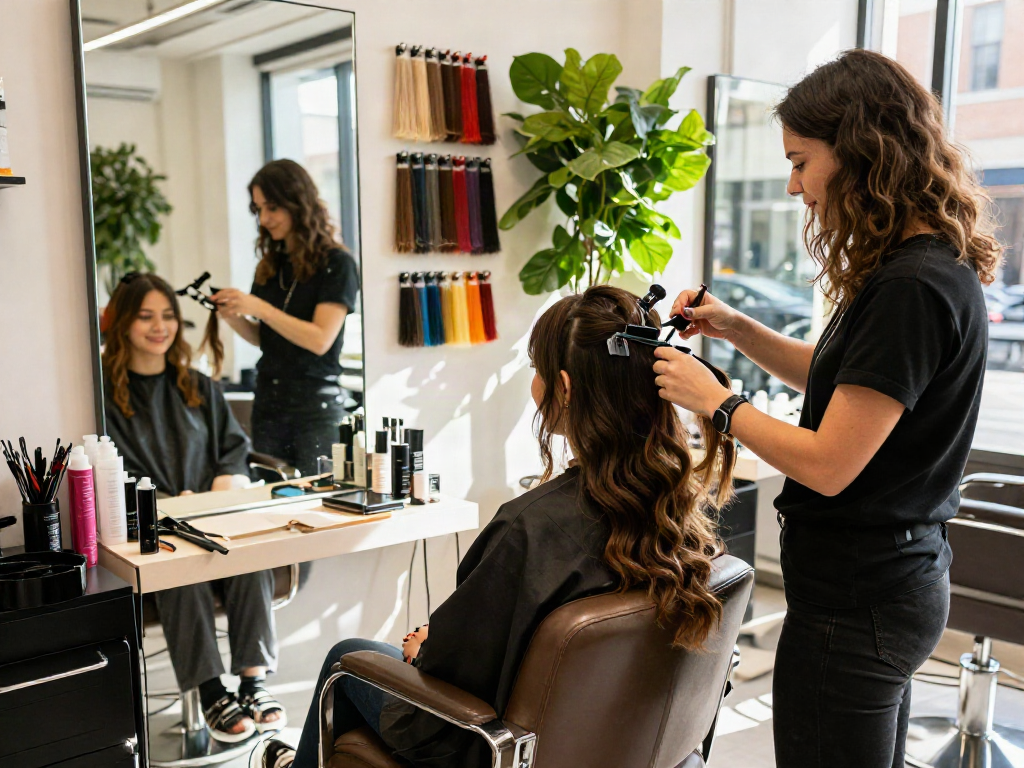 Client receiving high-quality hair extensions installation in a modern salon setting.