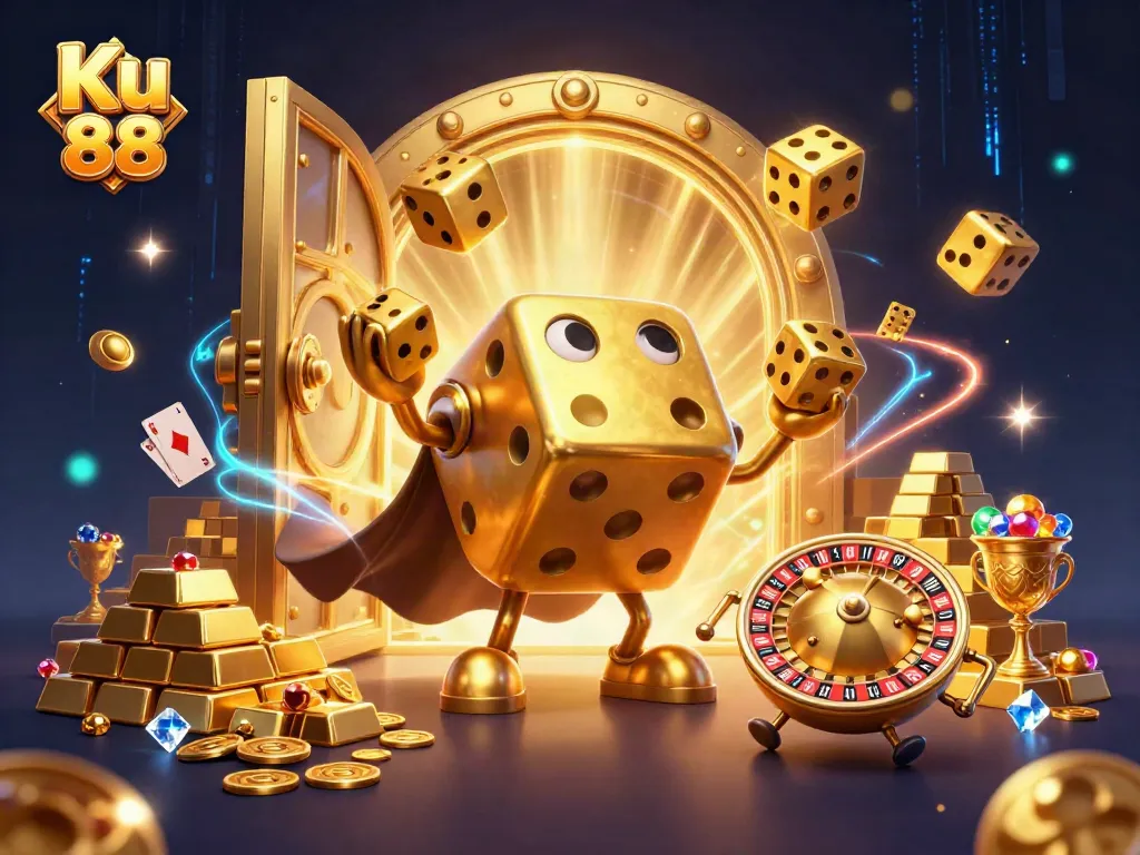 Engage with Ku 88's 3D immersive gambling experience featuring golden treasures and lively characters.