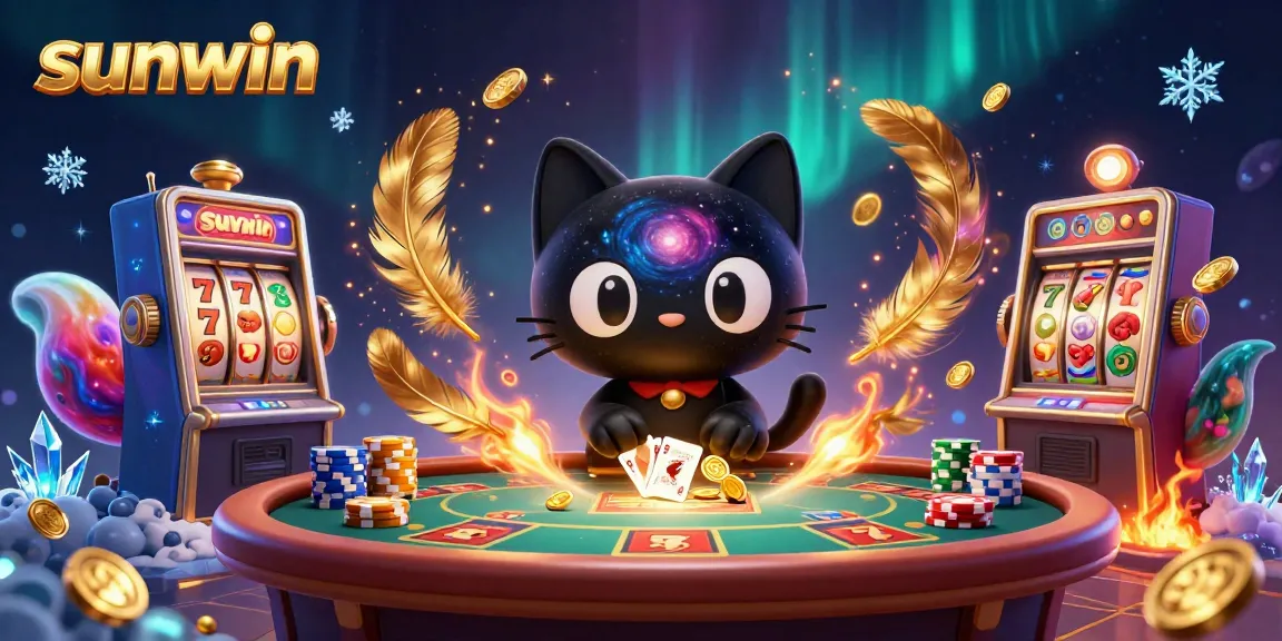 Engage with sunwin's cosmic casino through a captivating 3D illustration showcasing a black hole cat and nebula fox.