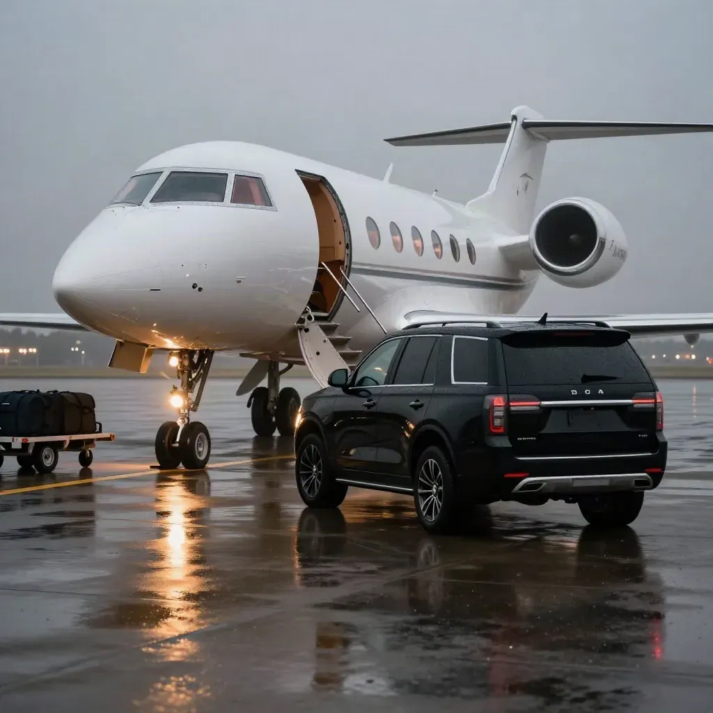 Private jet nose, SUV and baggage cart on a wet apron at dusk with mist and runway lights.