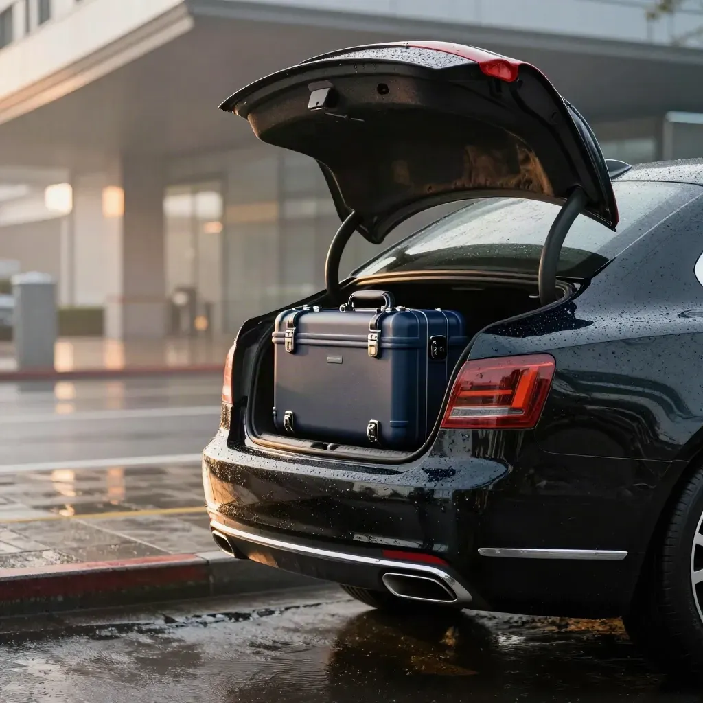 Black sedan with open boot and two cases waiting at a wet terminal curb