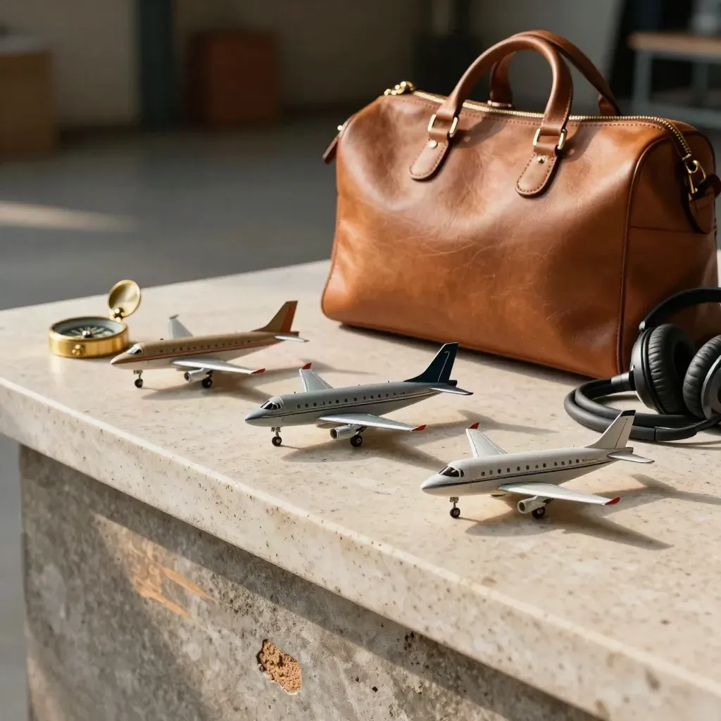 Mini aircraft, compass, leather bag and headset on a hangar ledge in warm light.