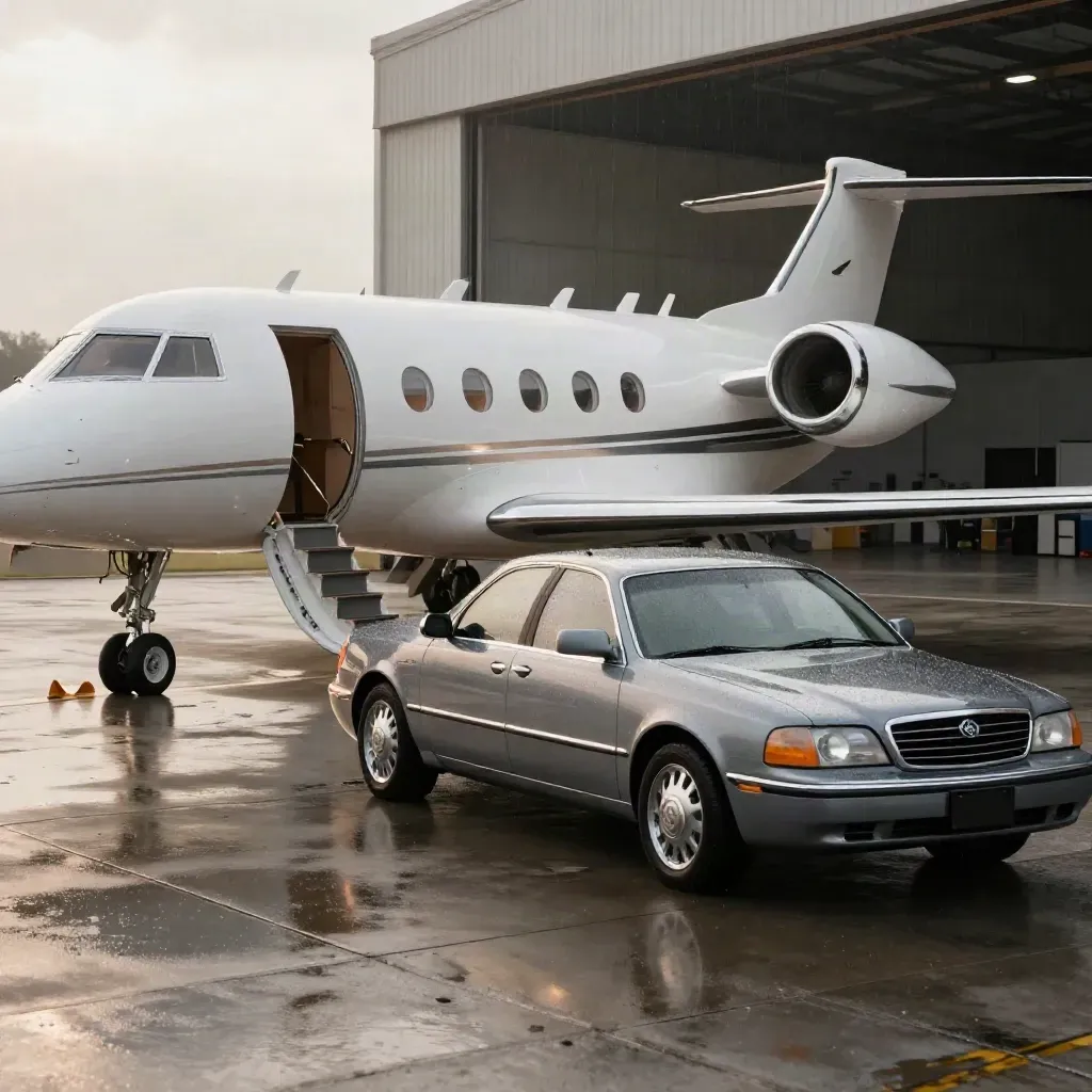 Private jet and sedan ready at a rain-slick hangar threshold under soft glow.