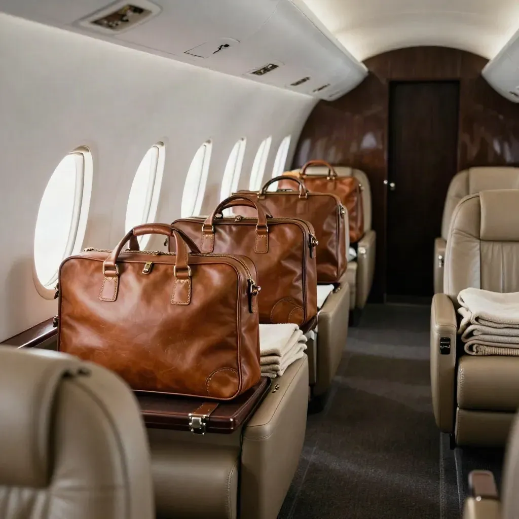 Private jet cabin with briefcases, garment bags, and folded blankets along the aisle