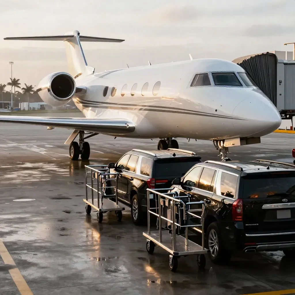Wet Miami apron with private jet, two SUVs, and luggage carts in a diagonal departure scene