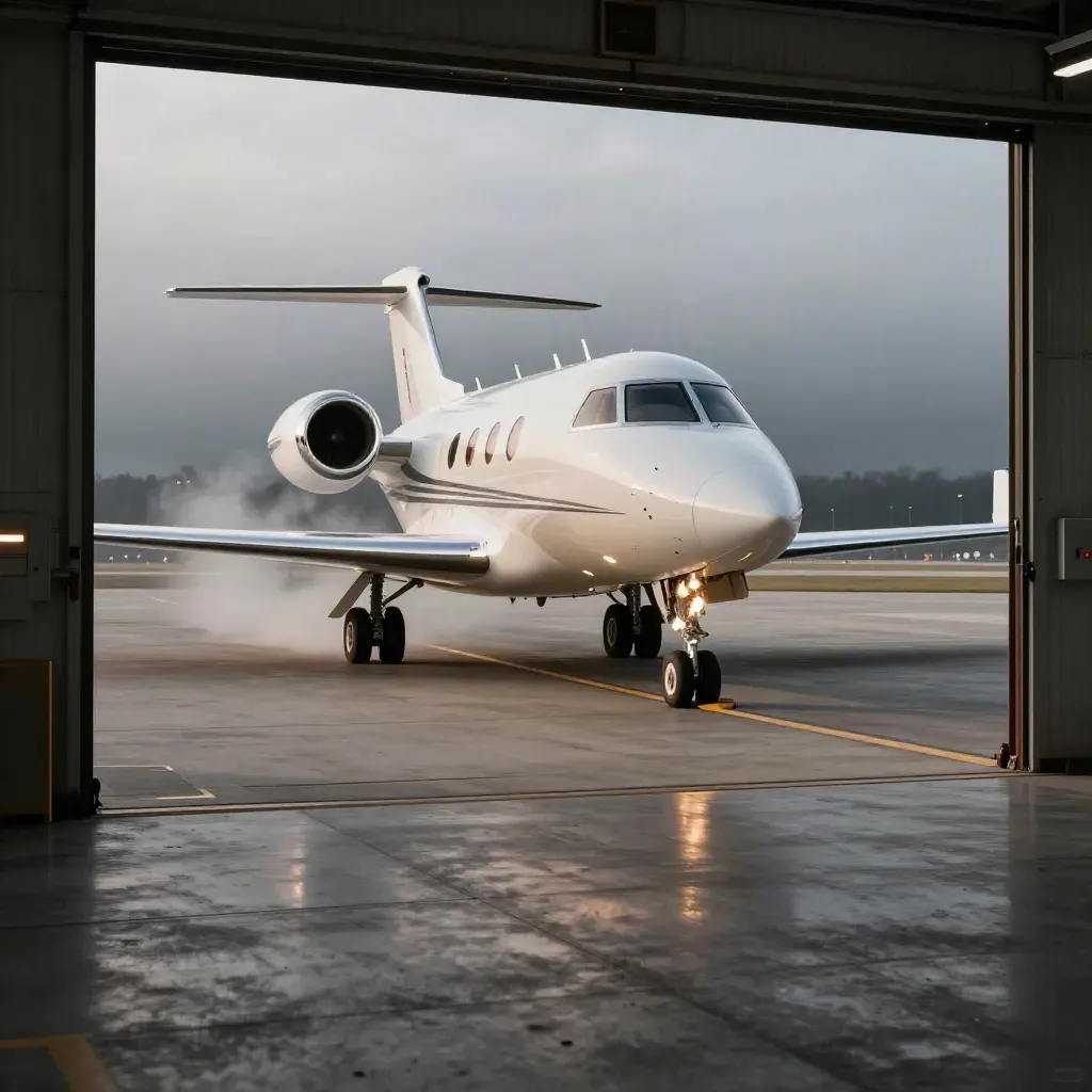 Private jet at hangar mouth with empty runway and winter haze, poised for departure.