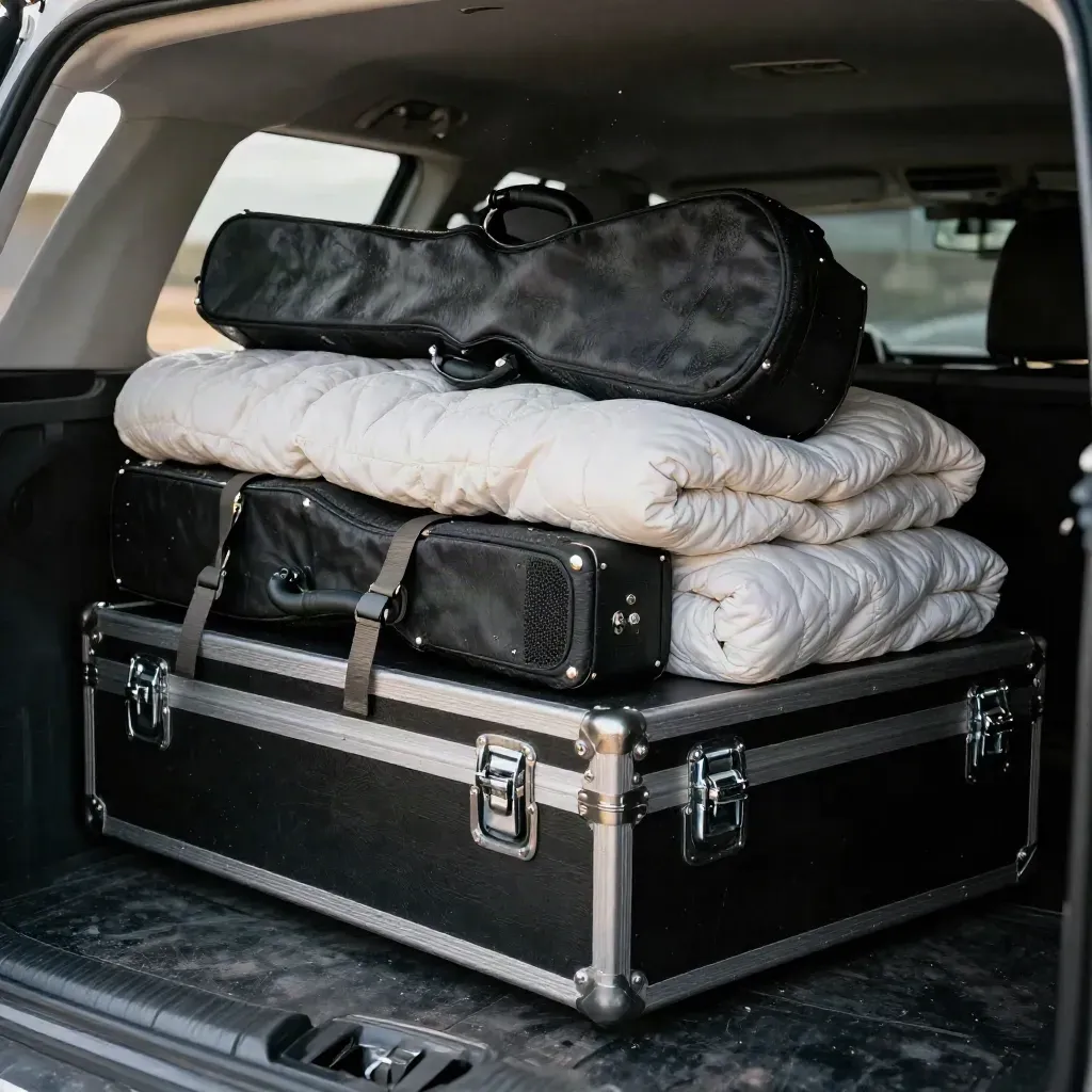 Stacked road cases and a guitar case secured in an aircraft cargo hold for Austin.