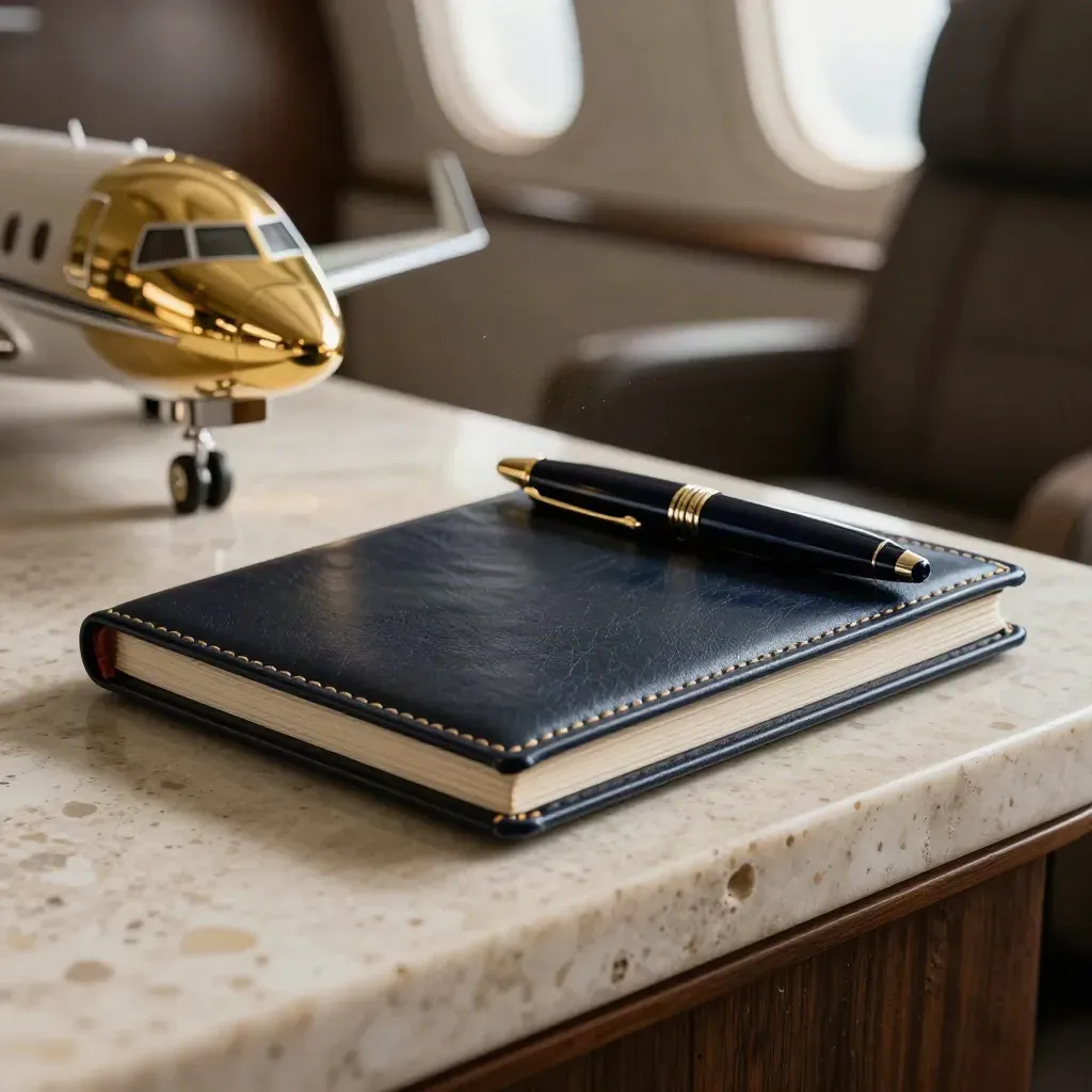 Brass aircraft nose, leather folio, and navy pen on travertine in a private aviation sales kit