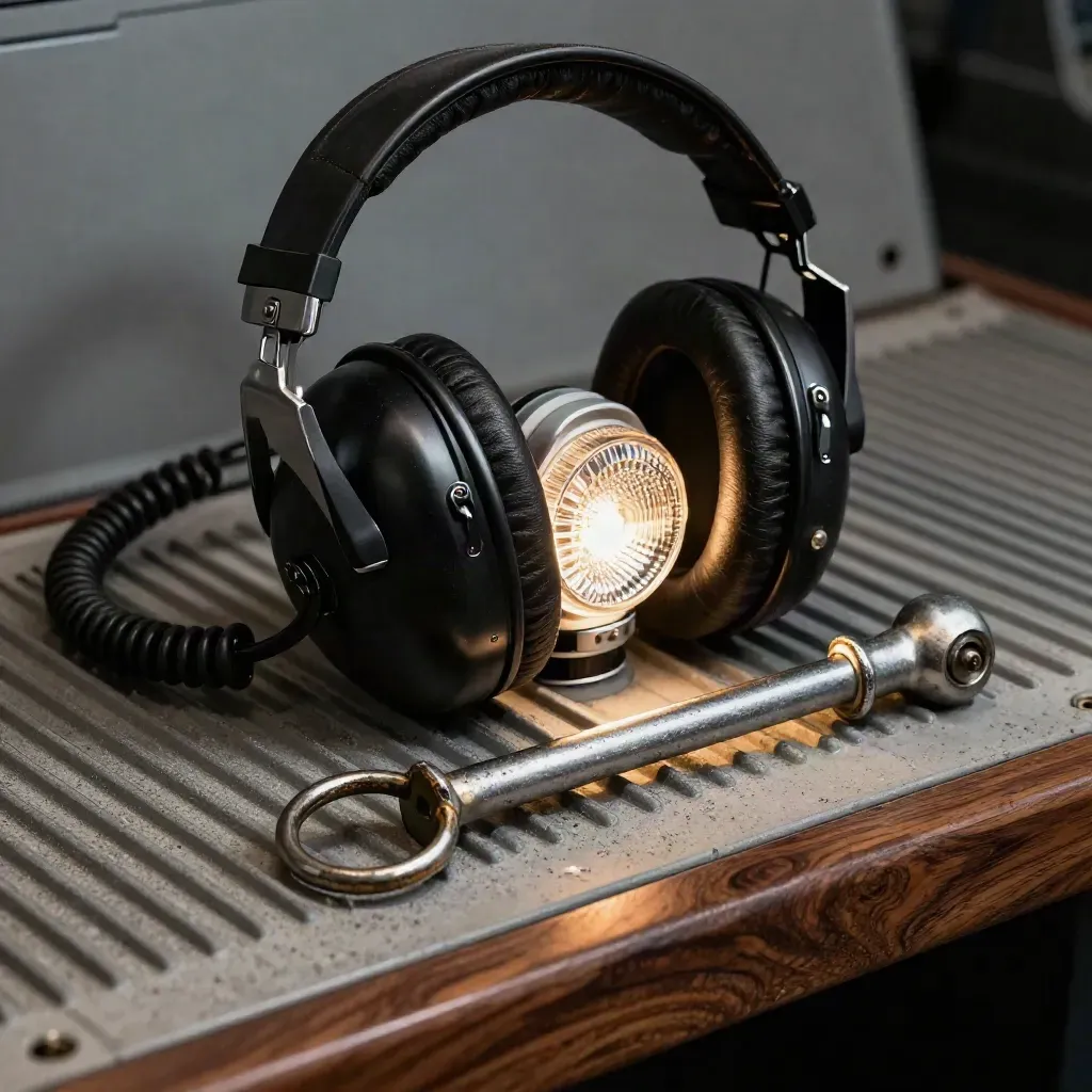 AVIATION HEADSET, BEACON LENS AND TOW PIN IN A DRAMATIC HANGAR STILL LIFE