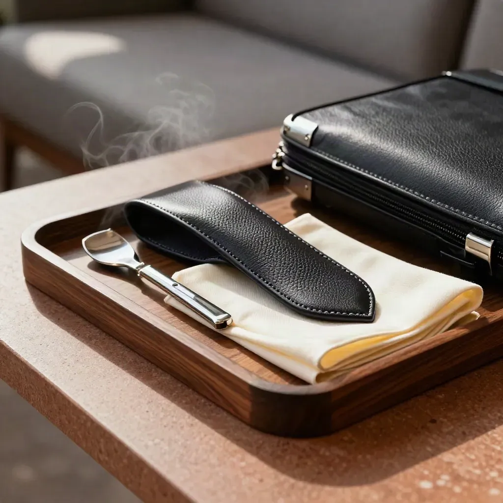 Travel kit still life with leather tie case, shoe horn, pocket square and briefcase corner on stone