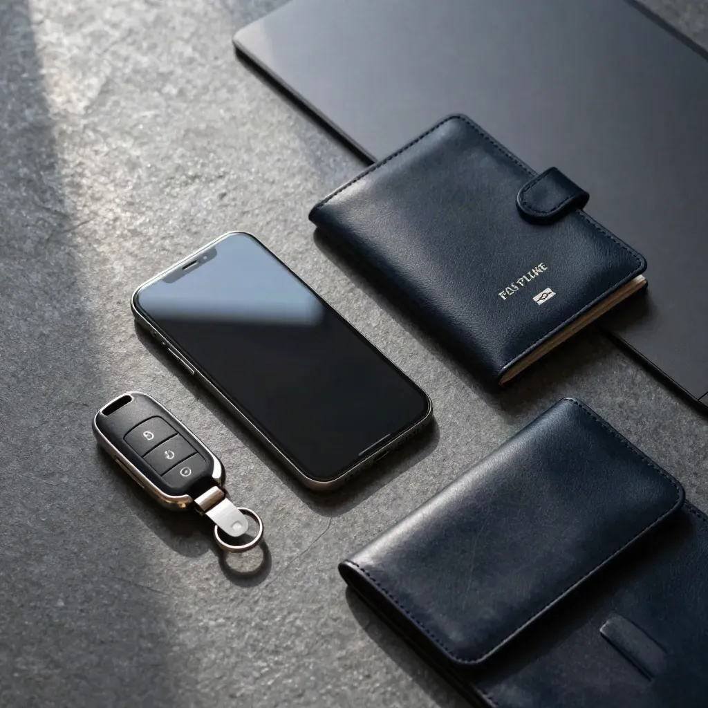 Overhead flatlay of a phone, passport wallet, car key fob, and leather folio on stone.