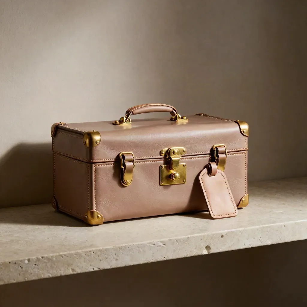 Leather itinerary case, brass luggage tag, and clasp on a pale stone shelf in soft side light.