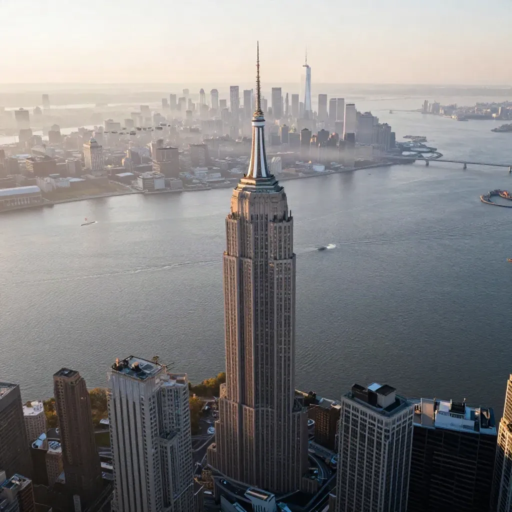 Manhattan skyline above the Hudson in dawn mist, with calm river haze and soft light.