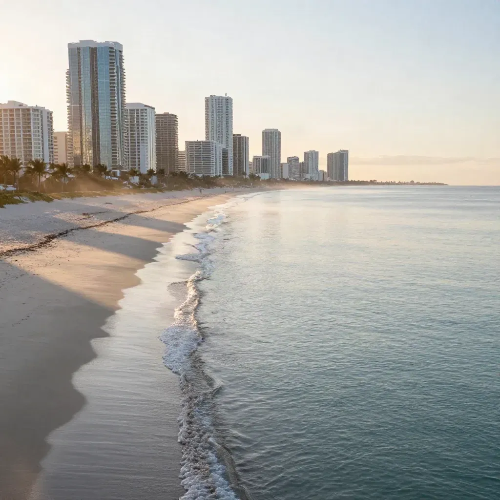 Miami skyline above a pale sandy Florida coastline at sunrise with soft haze