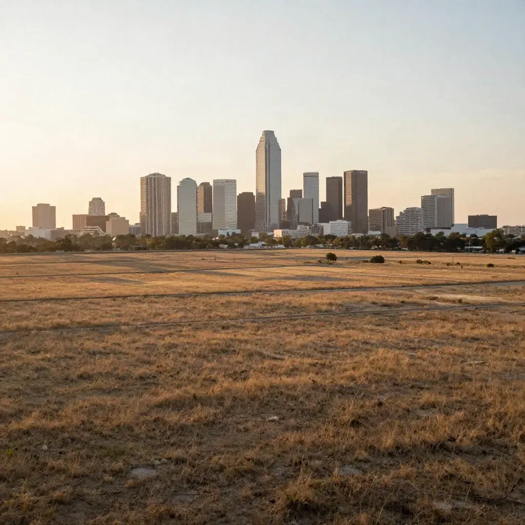 Dallas skyline above hazy Texas plains at golden hour