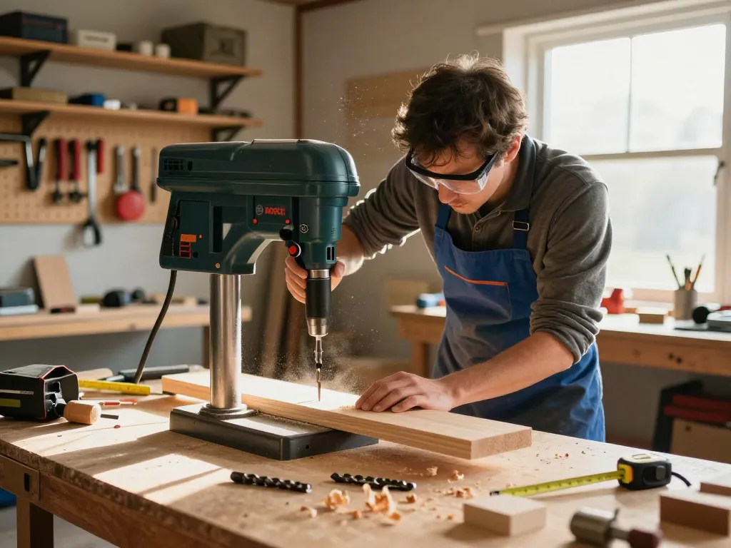 Professional woodworker operating a Bosch drill press in a sunlit workshop, showcasing precision and craftsmanship.