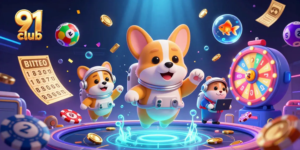 Engage in captivating fun with 91 club as a corgi and hamster navigate a vibrant casino in zero gravity.