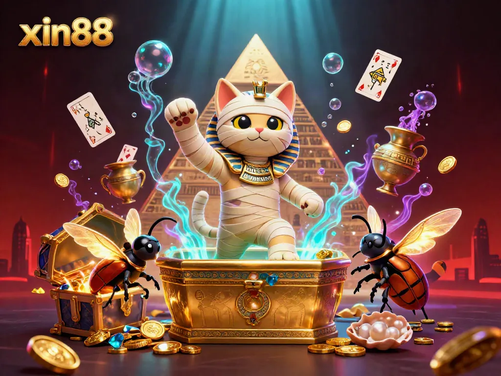 Experience the excitement of xin88 with a 3D illustration of a mummy cat in a vibrant casino scene.