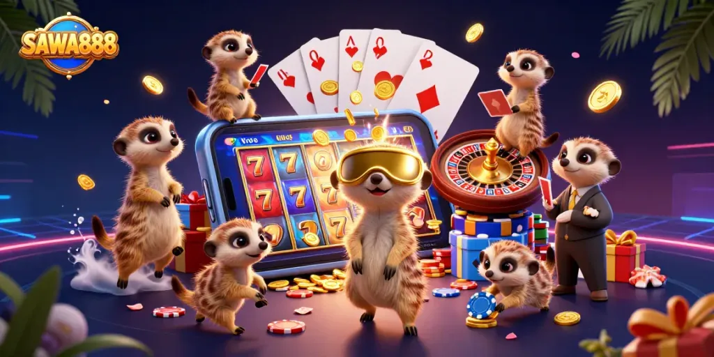 SAWA888's vibrant 3D cartoon illustration showcases meerkats engaged in a lively casino operation.