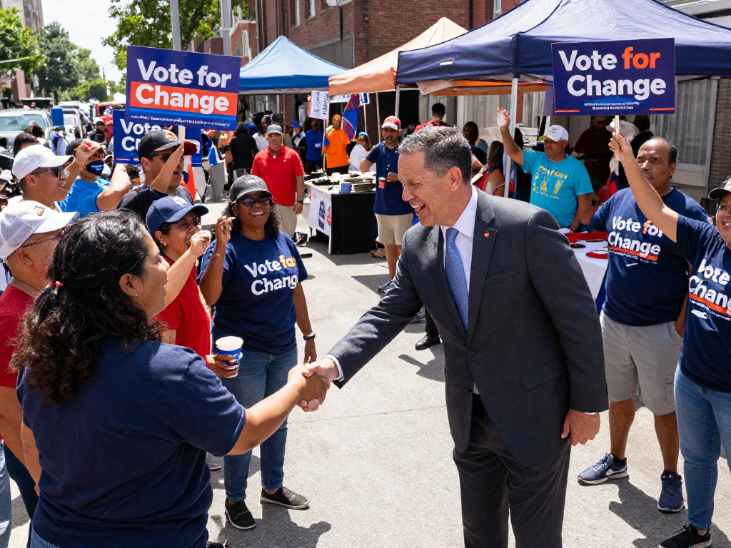 Engaging scene of mayoral campaign marketing, candidate interacting with diverse voters in a lively urban setting.