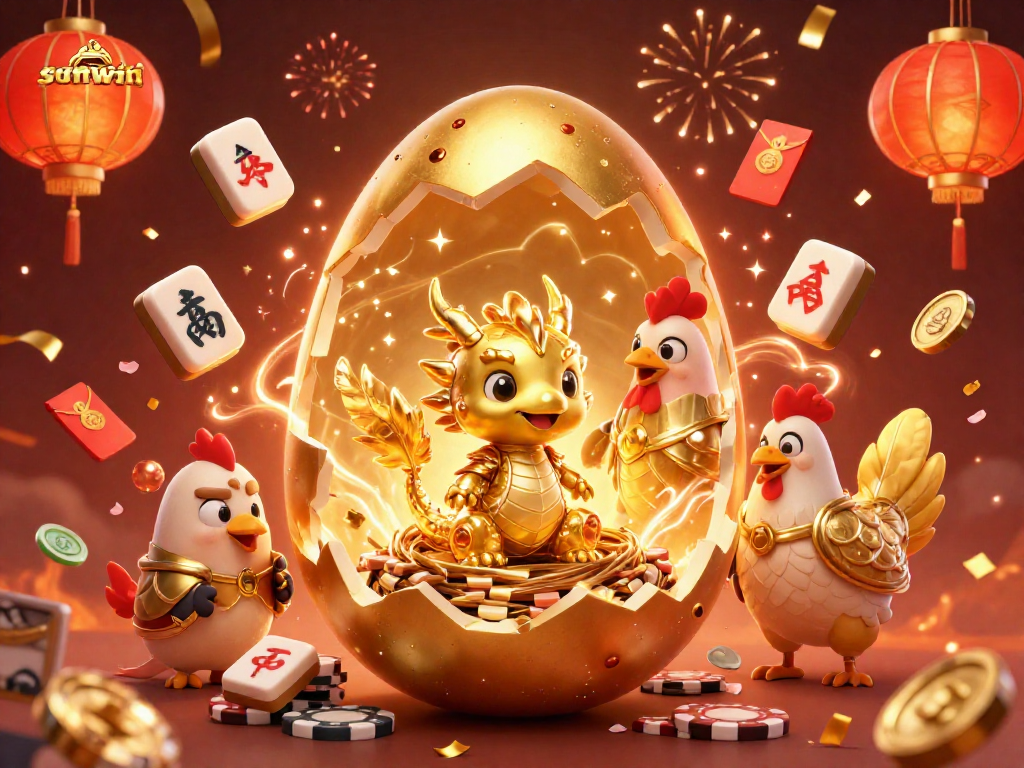 Watch the sunwin dragon emerge from a golden egg amid vibrant casino elements.