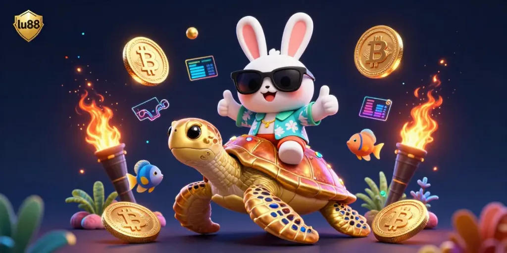 Experience thrilling gaming moments at lu88 with a lucky rabbit and a golden sea turtle surrounded by crypto elements.