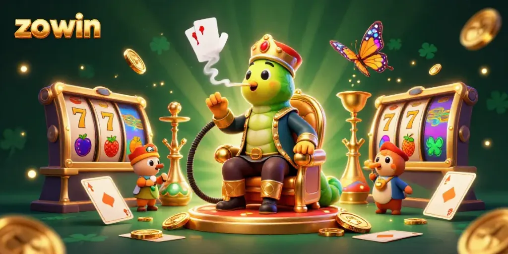 Experience the excitement of slots with zo win in this vibrant casino-themed 3D illustration featuring dynamic characters.