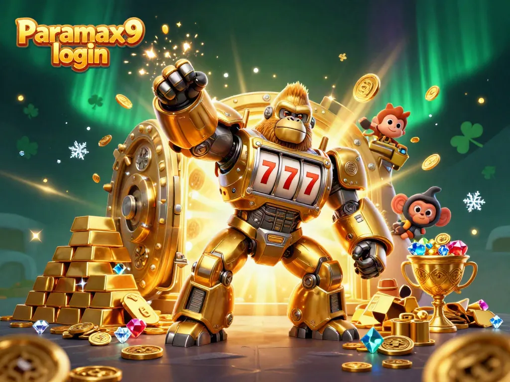 Experience the excitement of Paramax9 login with a golden gorilla mech and treasures exploding