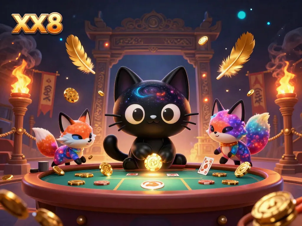 Win big at the casino with the magical XX 8 black hole cat gathering golden chips and cards.