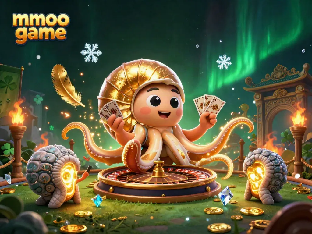 Engage in the thrilling mmoo game with a giant nautilus and ammonite companions, surrounded by casino elements.