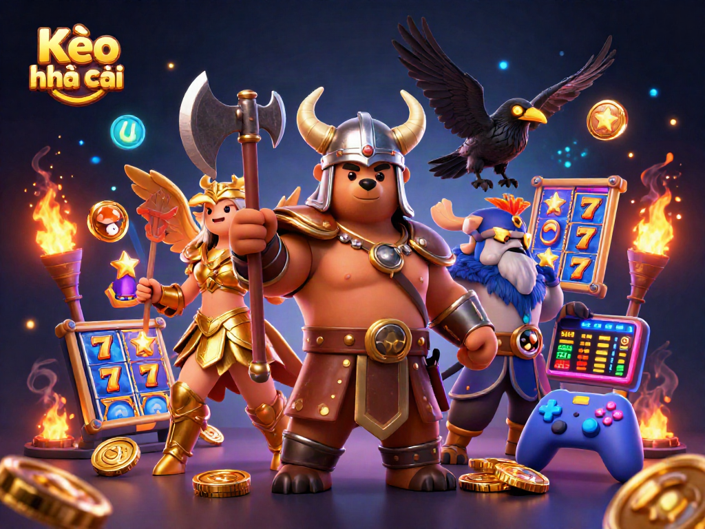 Kèo nhà cái features a Viking berserker and Valkyrie eagle amidst colorful slot machine reels.