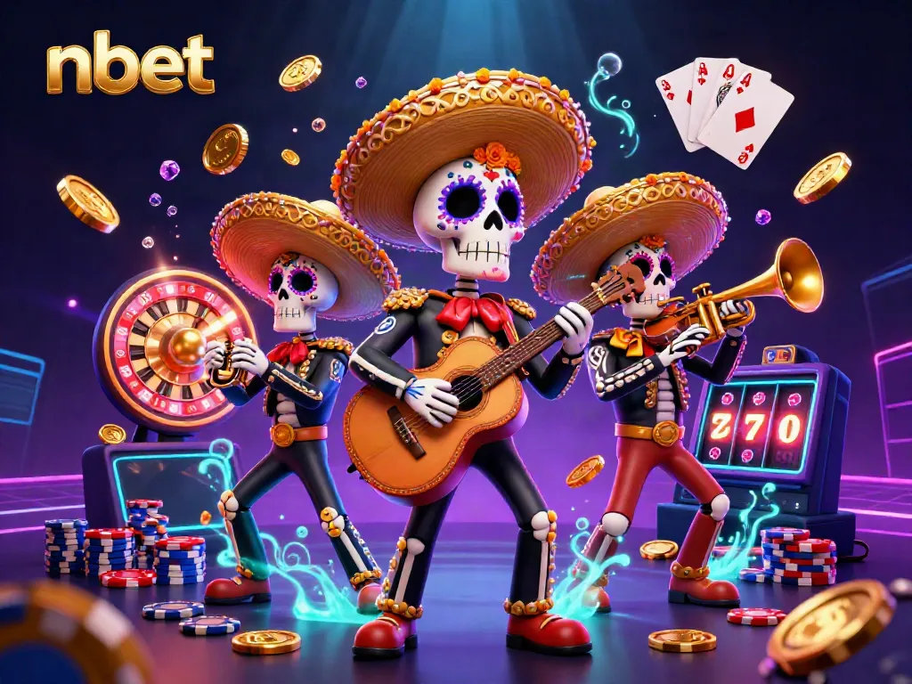 Experience the excitement at nbet's online casino with a vibrant 3D mariachi band amidst sparkling gaming elements.