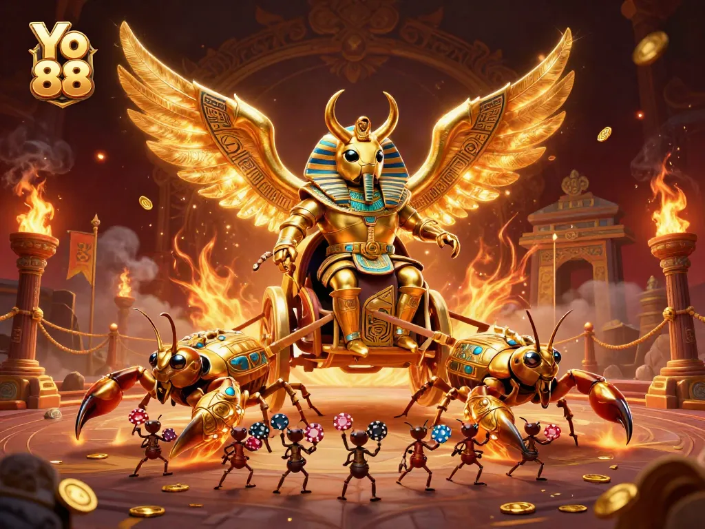 Intense gambling experience featuring Yo 88 in a dynamic 3D scene with a golden scarab and poker chips.