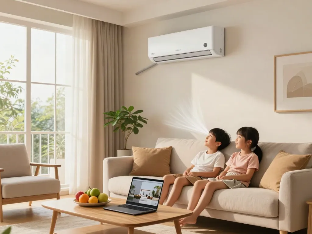 Family enjoying cool air from a mini split air conditioner in a modern living room.