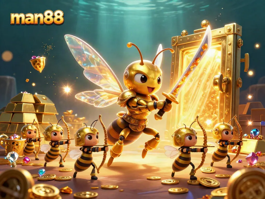 Engage in thrilling gaming at man88 with a 3D animated scene of a golden hornet in action.