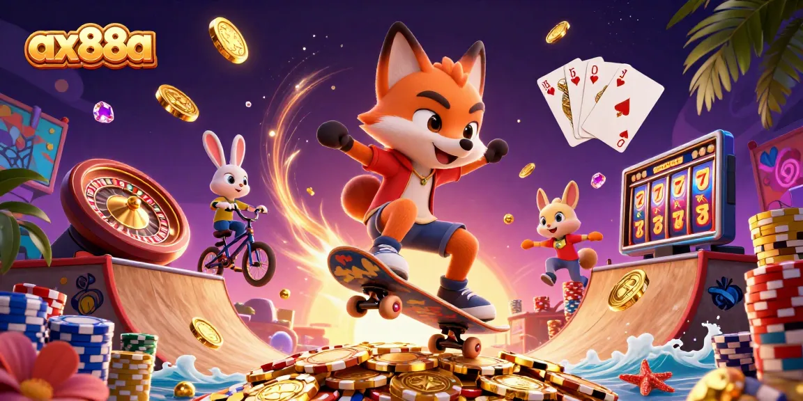 Experience thrilling action at ax88a with a vibrant 3D casino illustration showcasing a fox and rabbit amidst flying treasures.