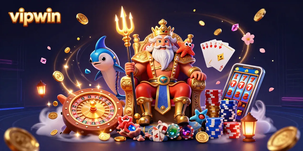 Experience excitement at vipwin, featuring Neptune surrounded by casino action and stunning game elements.