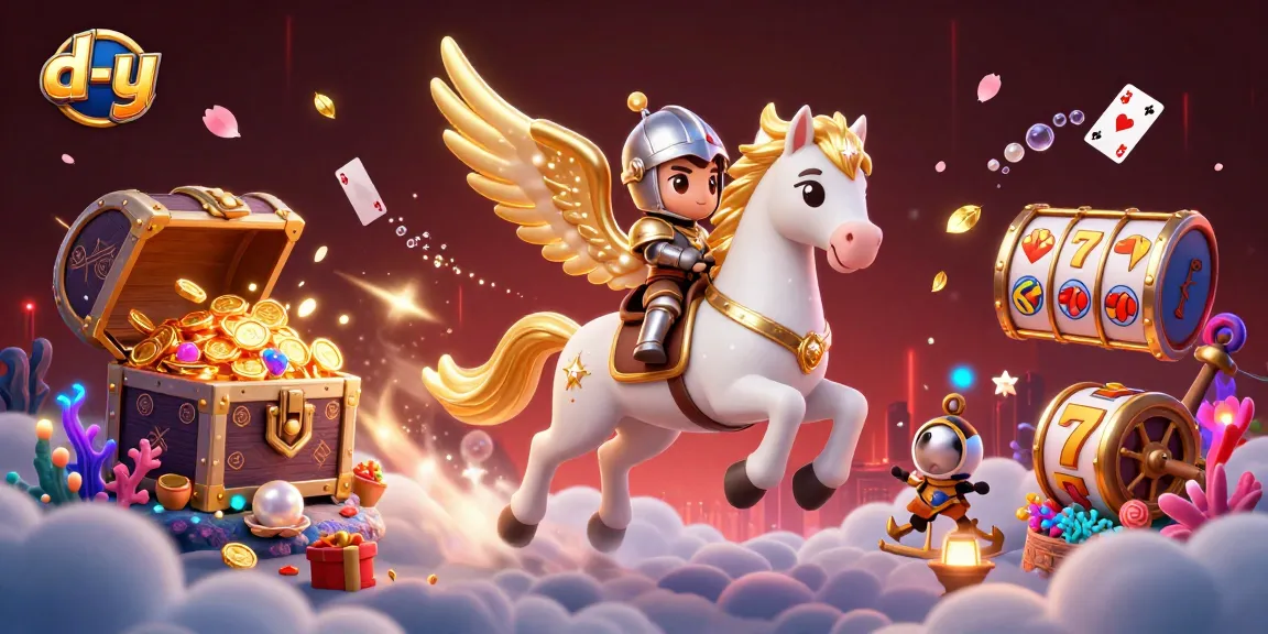 Experience thrilling wins with d-y while riding a celestial horse amid vibrant casino symbols.