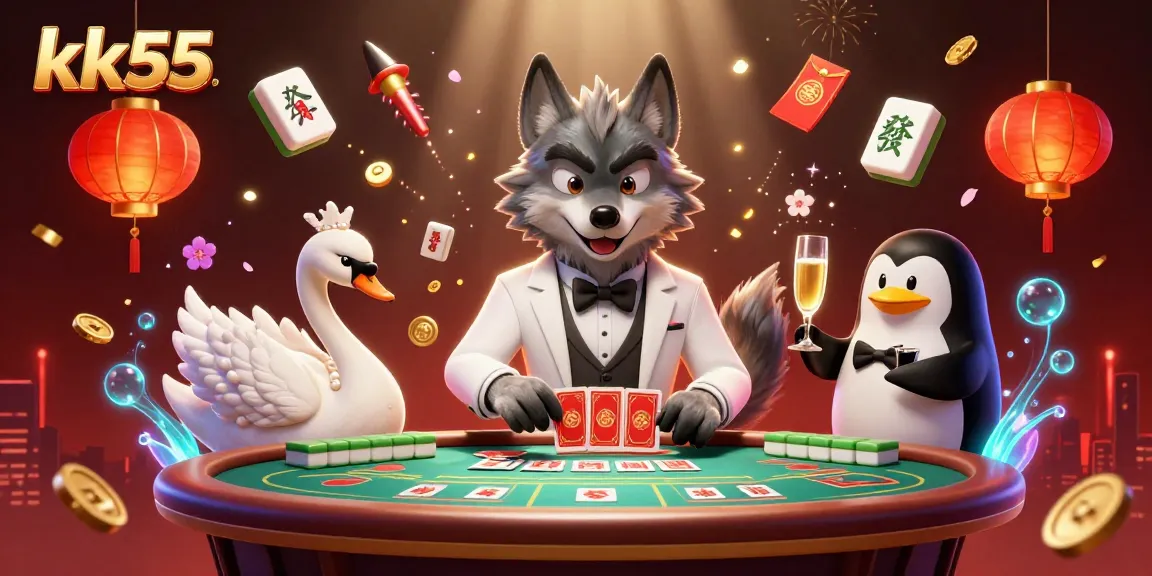 Enjoy thrilling baccarat gameplay at kk55 with an elegant scene featuring our unique characters and casino elements.
