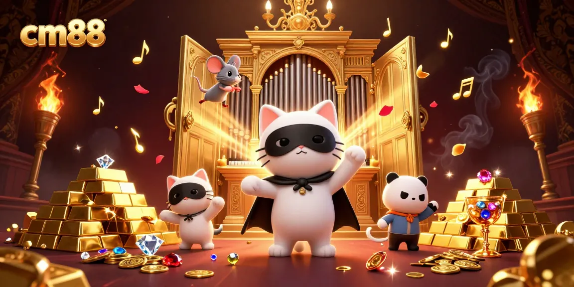 Experience exciting casino adventures with cm88 featuring a phantom cat organist in a treasure-filled scene.