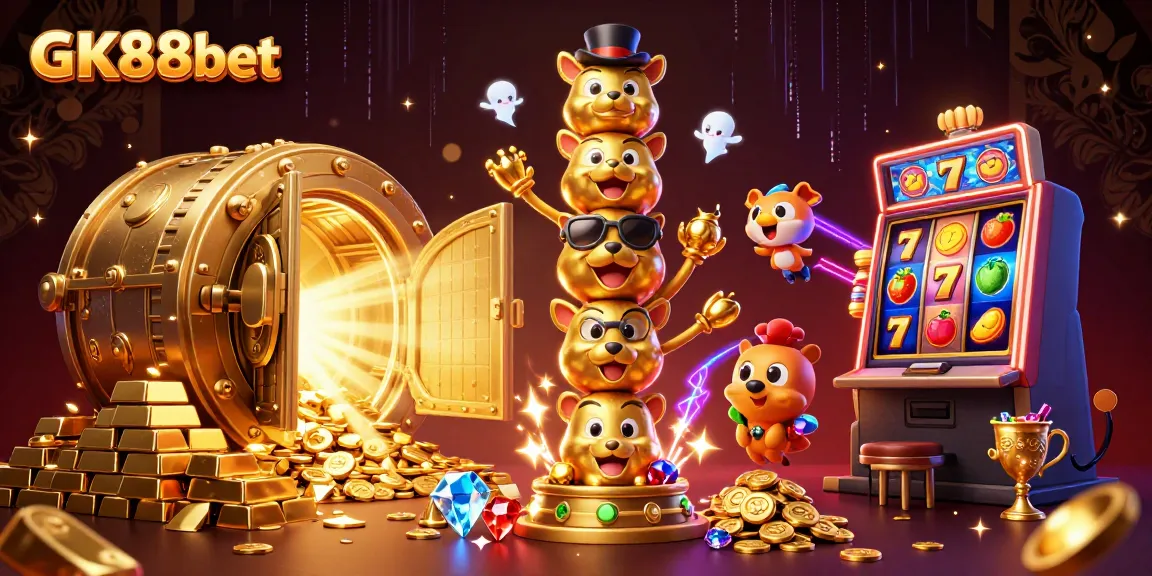 Engage with GK88bet's vibrant casino world featuring dynamic slot reels and a golden totem pole.
