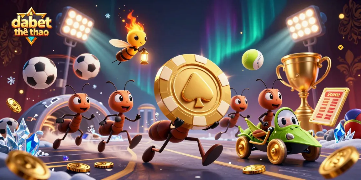 Experience dabet thể thao with animated ants stealing a giant poker chip amidst vibrant sports elements.