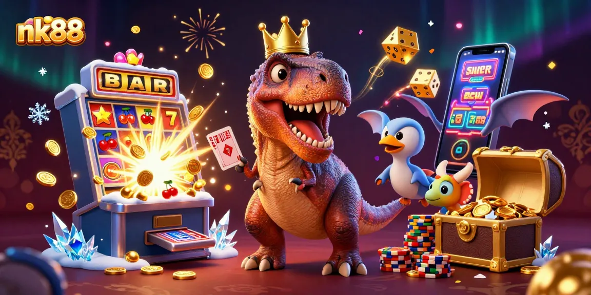 Engage in thrilling casino games at nk88 with vibrant characters and dynamic jackpot scenes.