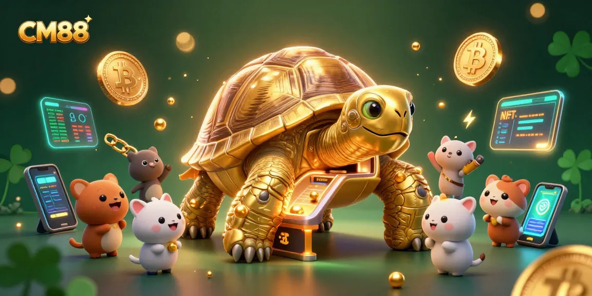 Experience thrilling gameplay at CM88 with a golden tortoise pinball machine surrounded by crypto coins.