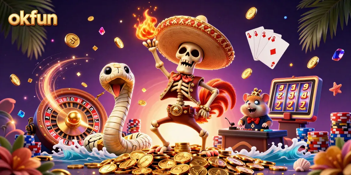 Engage in thrilling games at okfun with vibrant 3D casino characters celebrating big wins.
