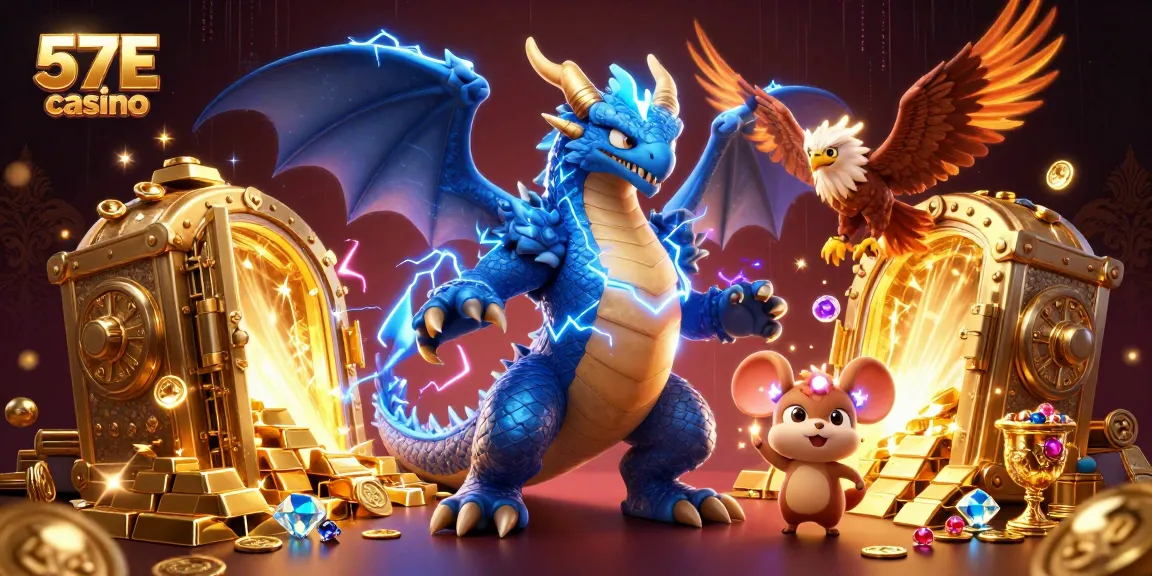 Engage in thrilling action at 57E casino with a vibrant illustration of electric creatures amidst treasures.