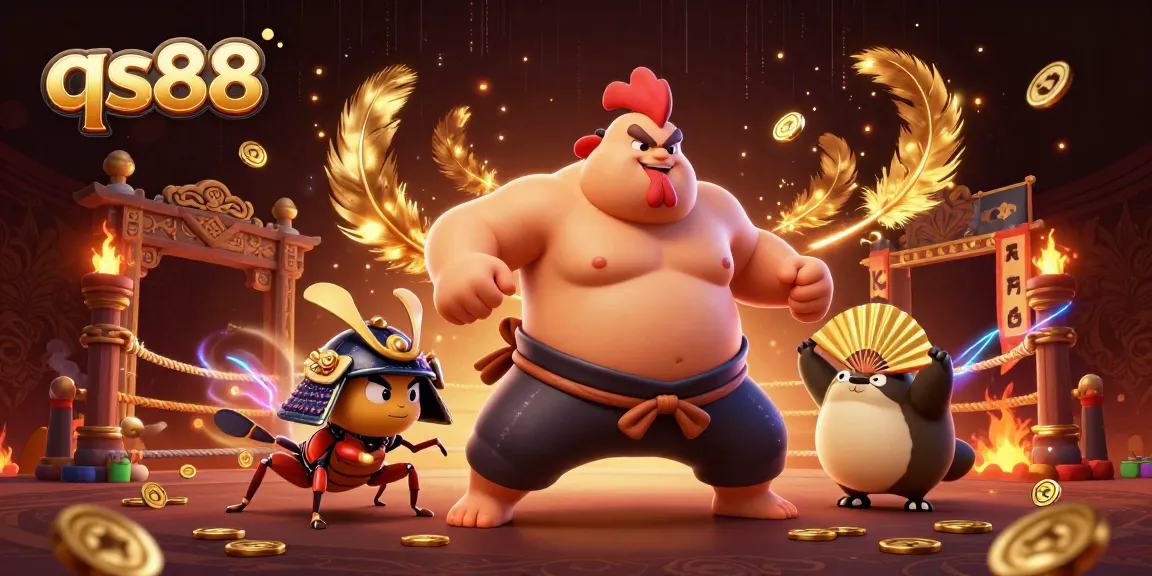 Experience the thrilling action of qs88 with a powerful sumo rooster and samurai cricket in a vibrant casino arena.