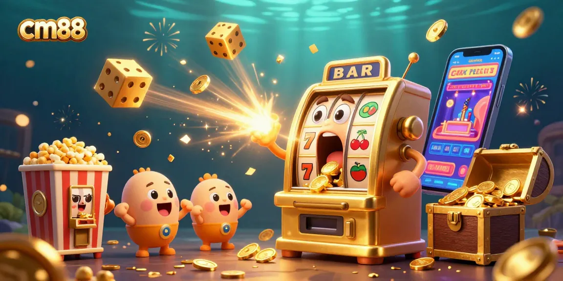 Experience the cm88 jackpot excitement with vibrant slot machines and golden coins pouring down.